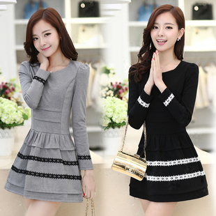 新款 甜美气质中长款 大码 圆领大摆连衣裙修身 公主裙 长袖 2021春季