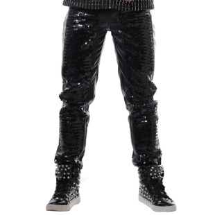 夜店酒吧DJ演出服男歌手亮片皮裤 朋克长裤 摇滚魔术修身 原创休闲裤
