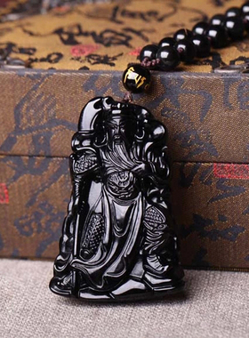 关公黑曜石简约项链男