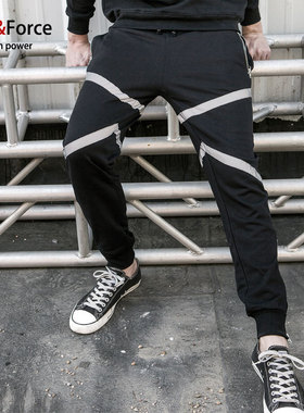 Ares＆Force秋装新款休闲反光加大码卫裤 欧美时尚修身潮男束脚裤