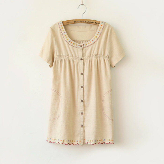 신선한 목가적 스타일 출산 셔츠 얇은 주름이 잡힌 헐렁하고 통기성이 좋은 면 및 린넨 출산 반팔 셔츠 W132