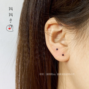 手工999足银纯银麻花耳针极小2mm黑玛瑙切面闪珠黑色迷你耳骨耳钉