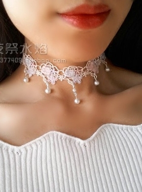 『花溪月』日韩多彩镂空花朵蕾丝唯美珍珠lolita时尚气质女颈项链