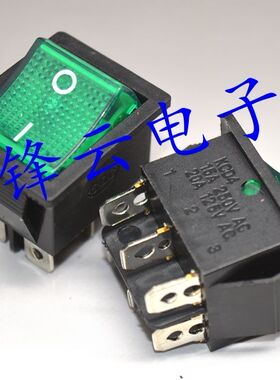 铜脚船型开关KCD4-202 绿色带灯6脚2档 电源翘板开关15A/250V
