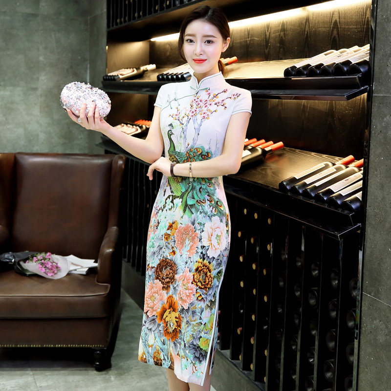 旗袍连衣裙夏中长款 日常少女清新性感改良复古旗袍 大码修身显瘦