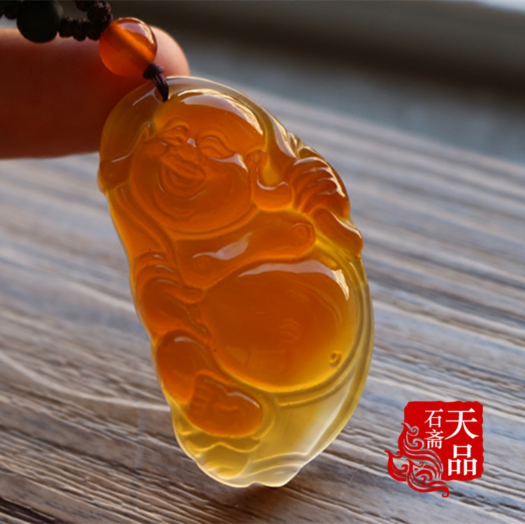 天然原色冰彩蜜糖色玉髓玛瑙笑佛逍遥佛吊坠挂件毛衣链