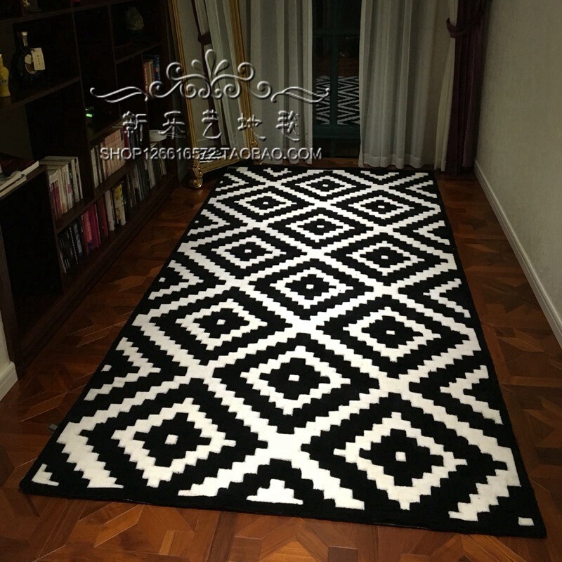 欧式简约客厅卧室茶几垫时尚黑白条纹地毯美式乡村床边毯手工定制