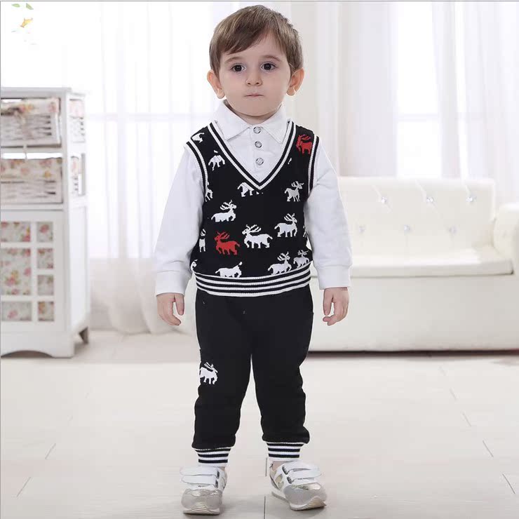 The new small vest shirt fake piece suit boy gentleman Spring and Autumn cotton long-sleeved dress baby suit 