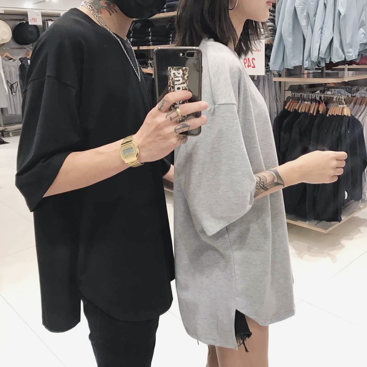 韩国ulzzang超百搭下摆开衩宽松大码纯色纯棉情侣装短袖T恤男女款
