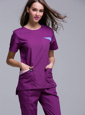 韩版女式圆领短袖分体洗手衣套装宠物医院美容院医生深蓝色刷手服