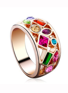 玫瑰金镂空七彩水晶民族风戒指