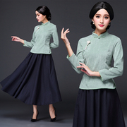 实拍原创女装2018春新款中长袖旗袍上衣 女士复古民国中式唐装