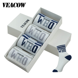 VEACOW 4双装新款全棉二三杠英文条纹学院风女袜子韩版潮