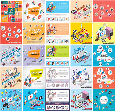 矢量设计素材 32张扁平化isometric图标网络购物游戏icons EPS