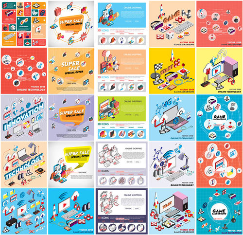 矢量设计素材 32张扁平化isometric图标网络购物游戏icons EPS