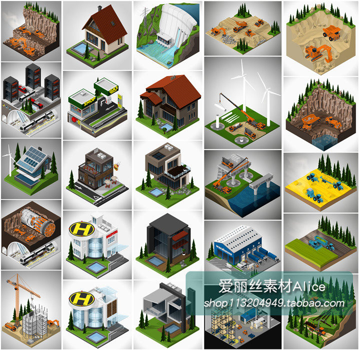 [396]25张3D扁平化isometric建筑工地大坝轨道交通AI矢量设计素材