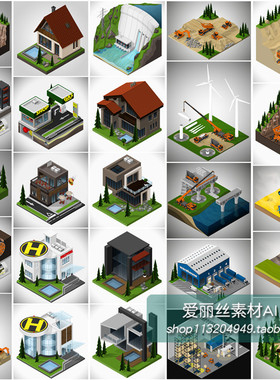 [396]25张3D扁平化isometric建筑工地大坝轨道交通AI矢量设计素材