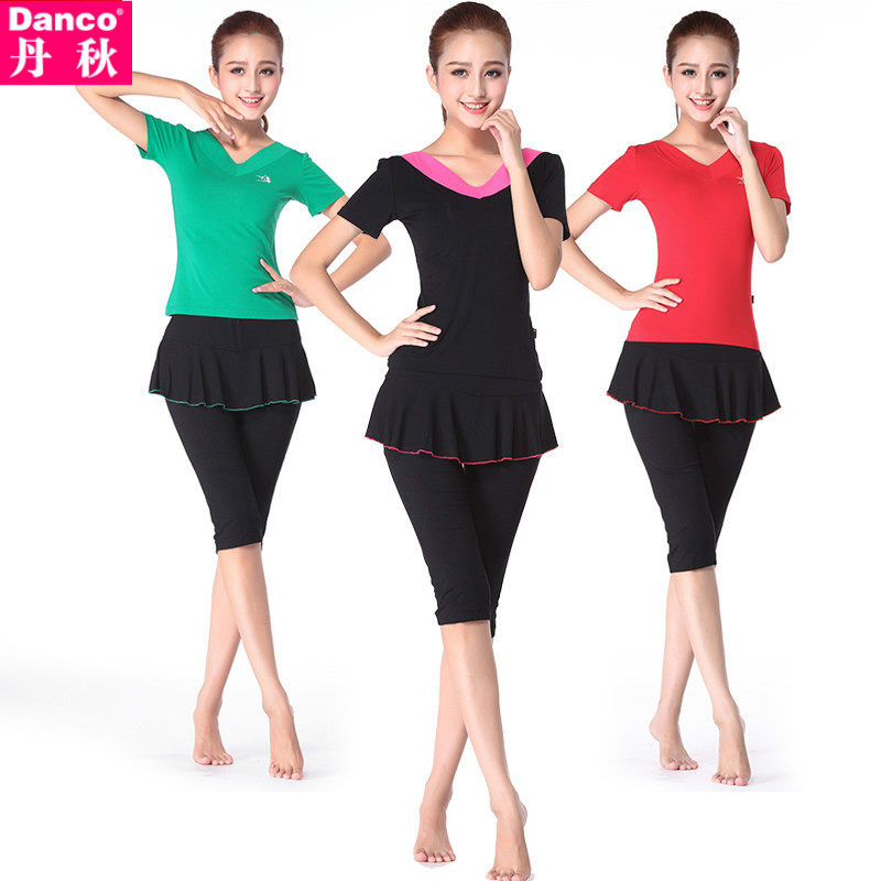 丹秋短袖夏季广场舞服新品拉丁舞套装演出服莫代尔V领裙裤女大码