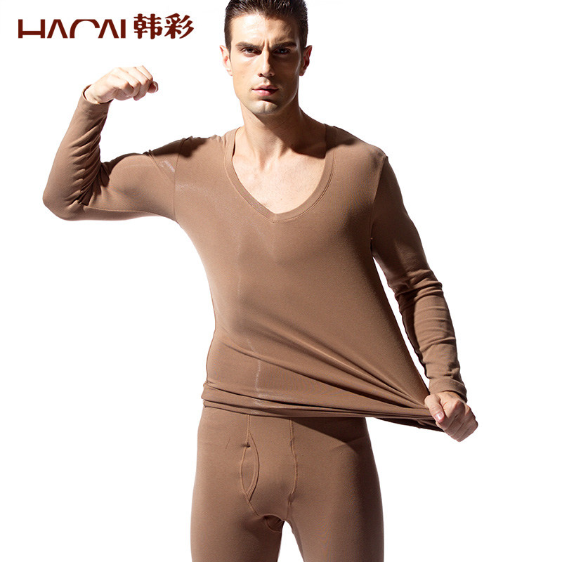 韩彩男士内衣套装莫代尔打底薄款青年V领大码春秋保暖秋衣秋裤男