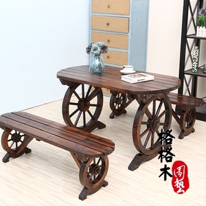 户外椭圆双人车轮桌椅/休闲桌椅/碳化防腐木/庭院阳台椅/酒吧桌椅
