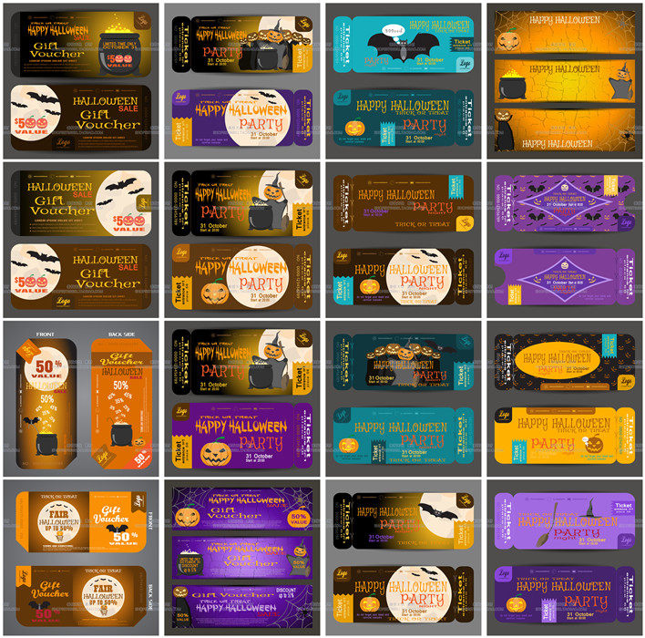 A3527矢量万圣节聚会晚会门票优惠券banner卡片模板 AI设计素材