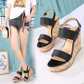 百搭时尚 坡跟凉鞋 女夏2020新款 韩版 高跟一字扣厚底露趾舒适女凉鞋