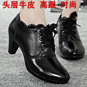 春秋新款女高跟深口单鞋妈妈鞋韩版系带真皮女鞋粗跟舒适正装皮鞋