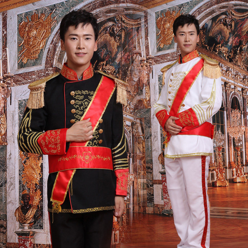 欧式男宫廷装大帅服鼓乐队号服黑白王子伯爵骑士舞台演出服装摄影