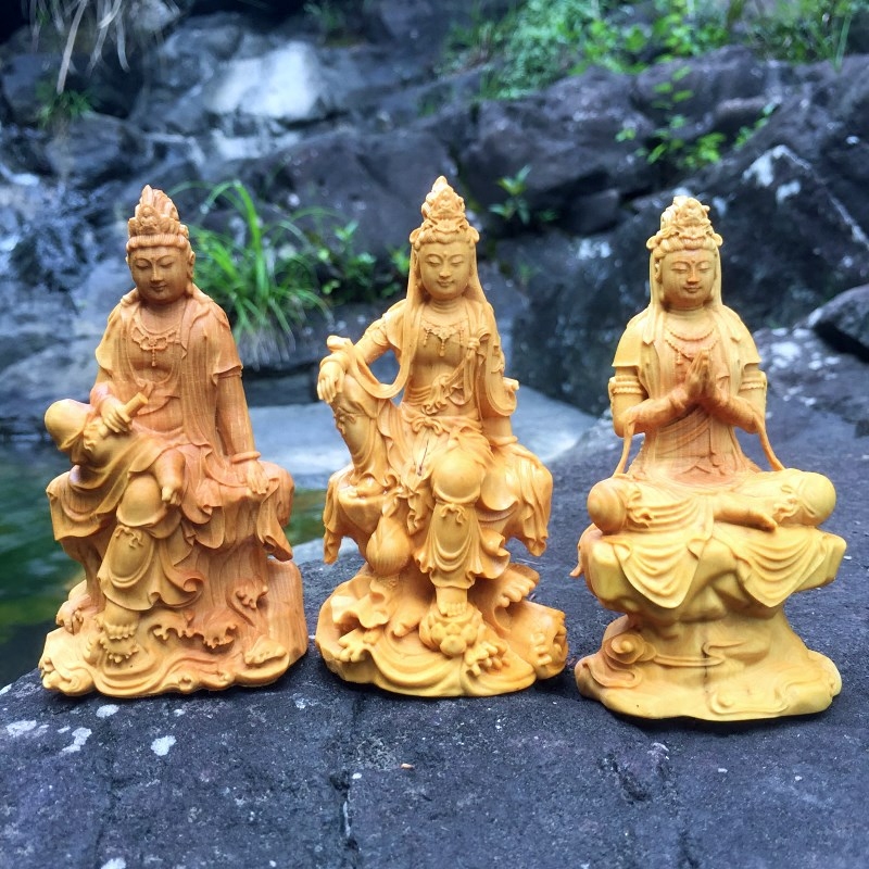 西方三圣文殊观音菩萨居家精雕手工艺品黄杨木雕佛像普贤菩萨摆件