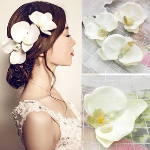 韩国饰品韩式新娘发饰唯美蝴蝶兰白色花朵发夹边夹头花百合花头饰