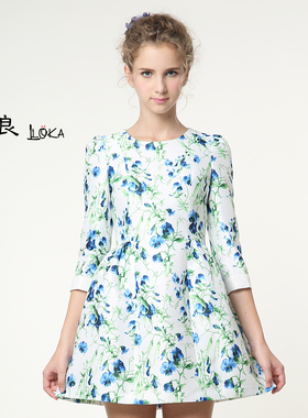品良LOKA欧洲站2015秋冬新款正品女装七分袖修身淑女连衣裙FZOU