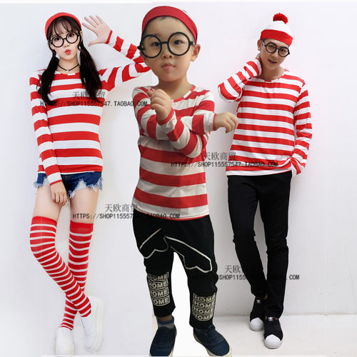 聪明的沃里cos Where's Wally waldo男款情侣服亲子装条纹万圣装