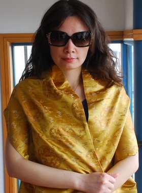 专柜正品南京云锦 吉祥云锦 女士草绿色团龙围巾披肩两用双面现货