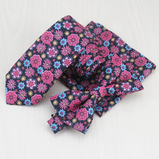 红黑色花领带黄色太阳粉色菊花图案时尚窄领带领结匹配方巾口袋巾