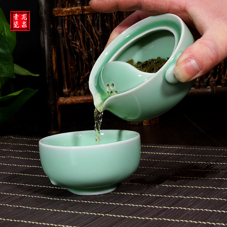 龙泉青瓷快客杯一壶一杯哥窑冰裂开片个人便携旅行功夫茶具套装陶