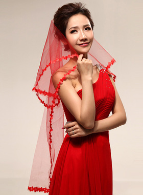 电脑花边新娘婚纱造型纱红色头纱 结婚头饰 Wedding Veil T038