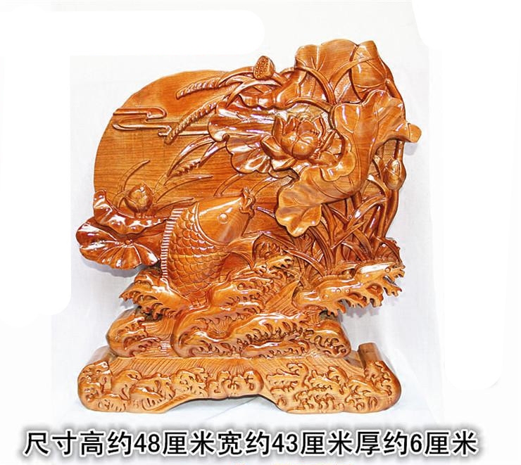 肥城桃木雕荷花鱼台屏摆件 年年有余鱼戏莲花 家居饰品