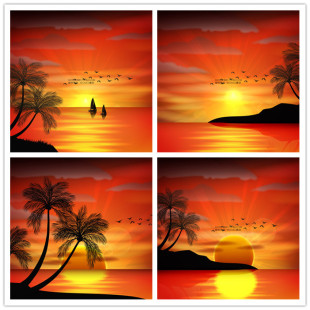 AI设计素材 A2740矢量热带沙滩夕阳椰树海鸥插画