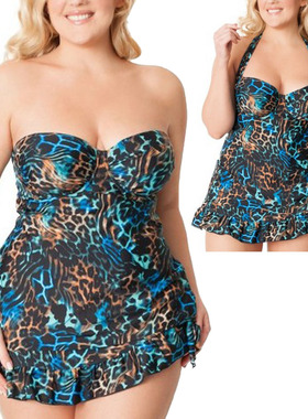 Y811D性感绿豹纹半杯绕脖裙式分体泳衣原单大码有托游泳衣80D85DE