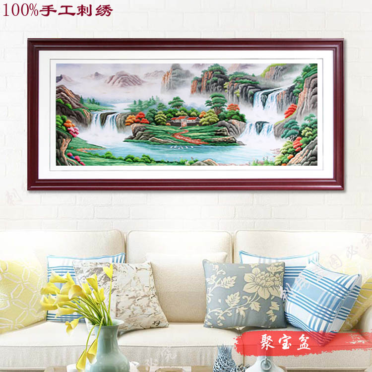 聚宝盆风景汴绣山水客厅河南装饰画中国风民族风格纯手工刺绣成品图片