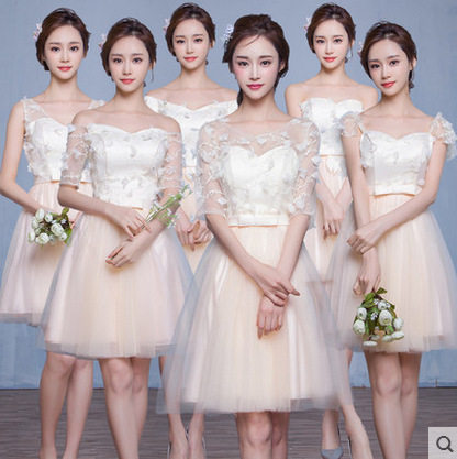 【出租】新伴娘服短香槟色姐妹连衣裙毕业演出小晚礼服 短款绑带