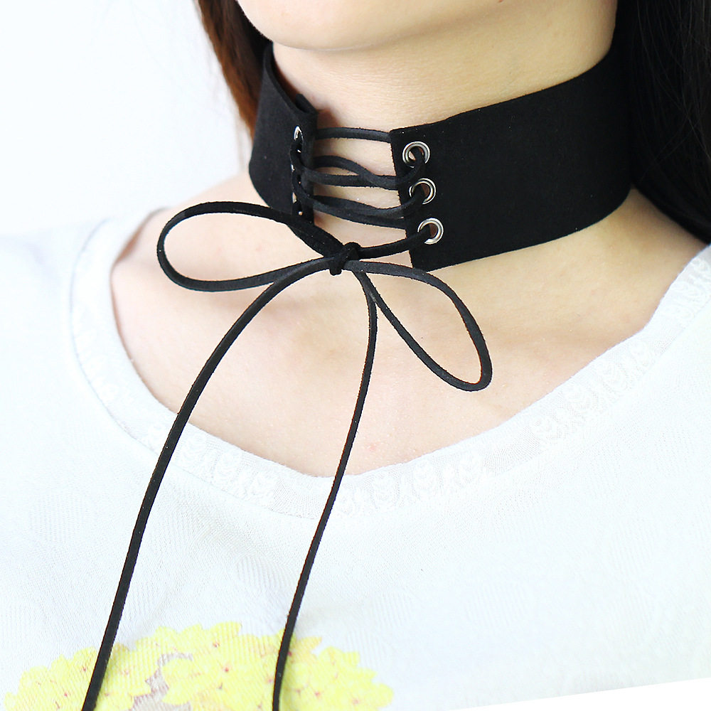 ins皮绳系带绑带颈链宽项链女夸张choker颈圈 necklaces women