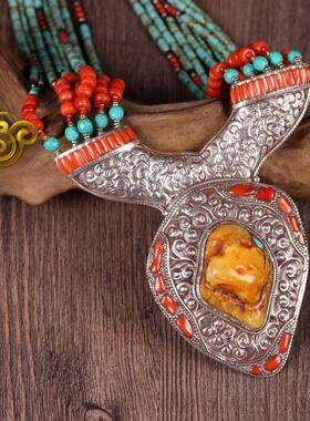 手工蜜蜡松石尼泊尔夸张大项链