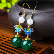 Thai Silver 925 enamel Lotus earrings vintage fashion Lady flashes natural green agate earrings