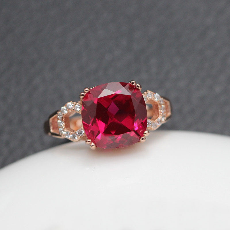 S925纯银镶红宝石戒指女款指环韩版方戒珠宝首饰彩色宝石女戒时尚