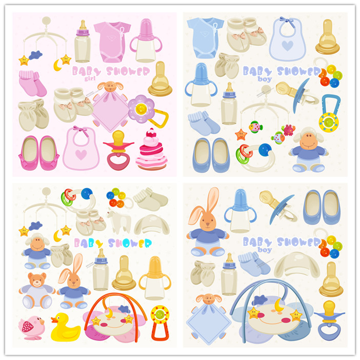 A0509矢量卡通扁平化婴儿物品母婴奶瓶围嘴床铃玩具 AI设计素材