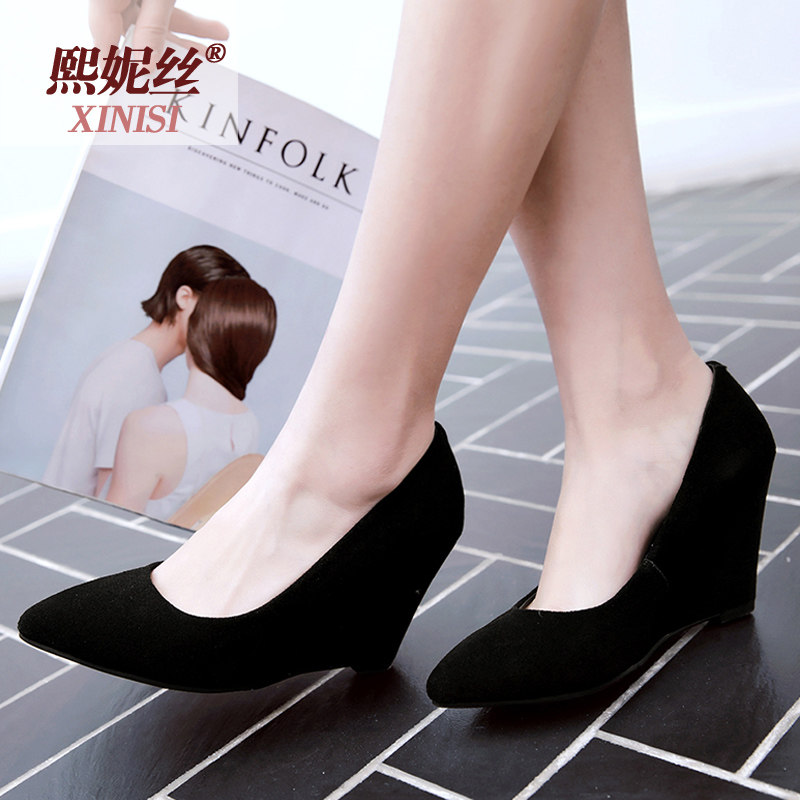 黑色坡跟气质女鞋尖头单鞋2018春秋职业真皮小皮鞋浅口高跟鞋简约在类目 女鞋, 低帮鞋中 - 来自Buy2taobao.com提供专业的淘宝代购服务