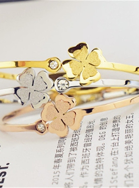 日韩风钛钢潮人四叶草18k玫瑰金