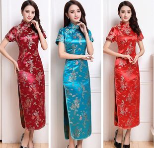 剪彩礼仪小姐服装喜庆凤尾花梅花长款旗袍 酒店迎宾短袖旗袍礼服