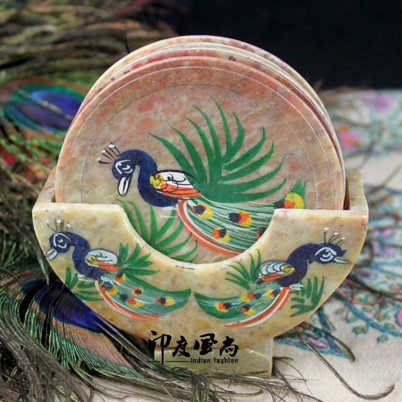 印度风尚进口杯垫大理石彩绘图案套装家居特色工艺饰品多·款可选